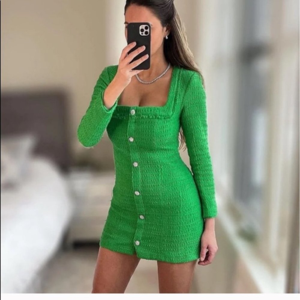 BLOGGER'S FAVE! Zara Green Tweed Mini Dress Sz XS, S, M, L NWT - Picture 3 of 16